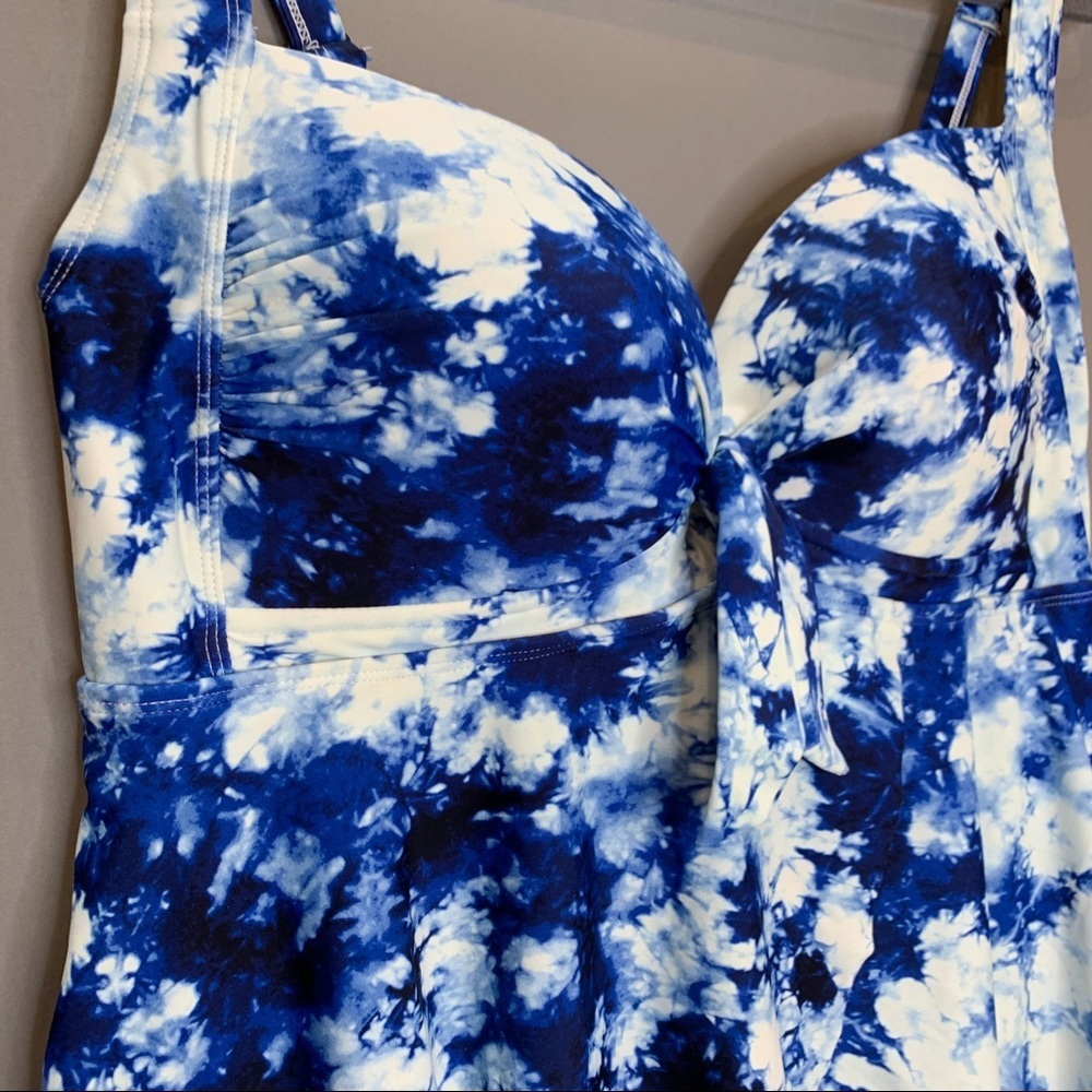 Torrid Tie Dye Blue White Skirted One Piece, M 10 - Picture 5 of 8